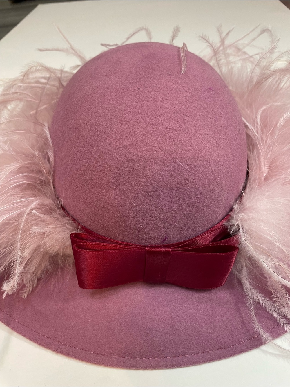 Vintage Rose Pink Boa Feather-Trim Wool Hat Ribbon Bow - Statement Church Derby - Picture 2 of 11
